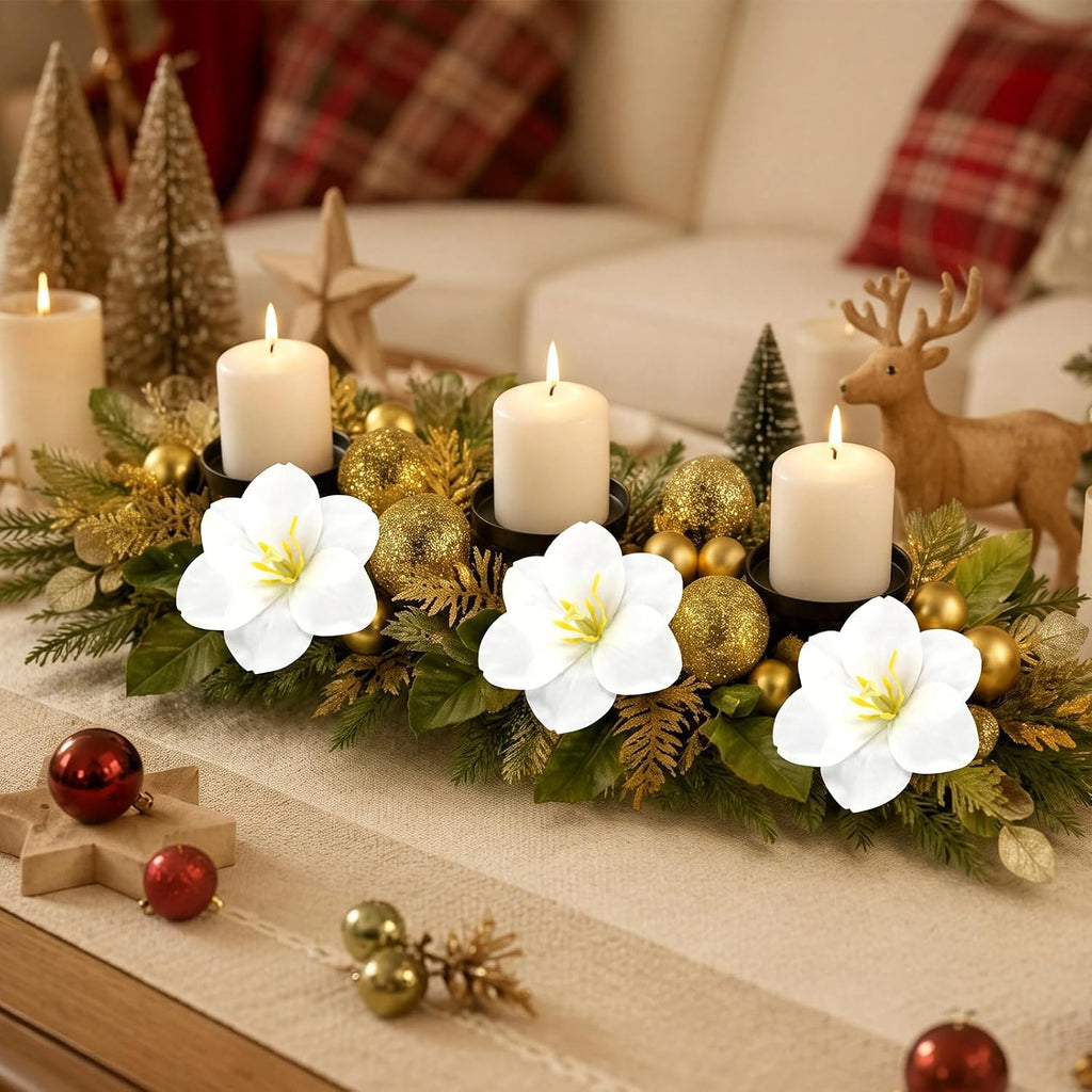 28 Inch Christmas Magnolia Centerpiece with 3 Candle Holders