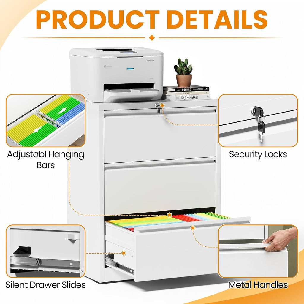 3 Drawer Lateral File Cabinet with Lock, Metal File Cabinets Furniture for Organization Hanging Legal/Letter/A4