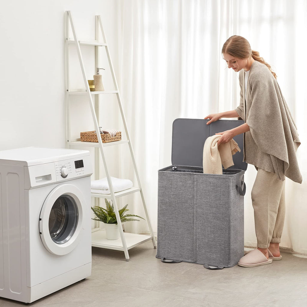 Double Laundry Hamper with Lid, Removable Laundry Bags, Gray