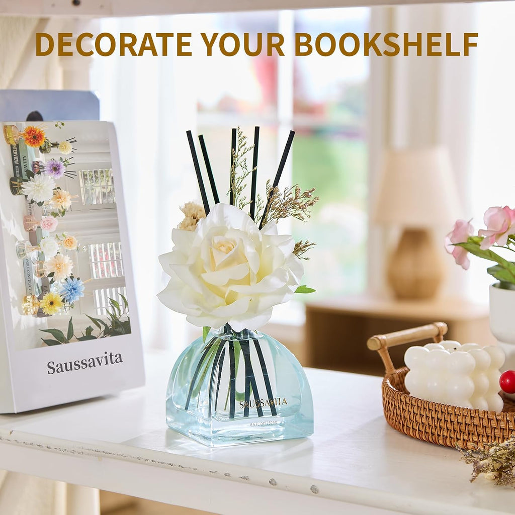 Reed Diffusers Set Flower Scented Diffuser for 140 Days, Flower Diffuser 250ml with Decorative Rose and Dried