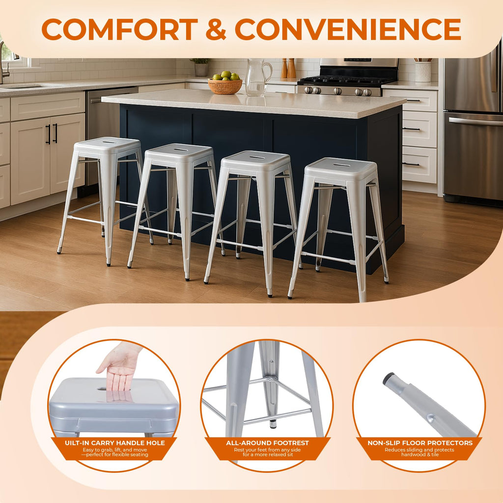 Moonlight Silver Metal Bar Stools Set of 2, 24"