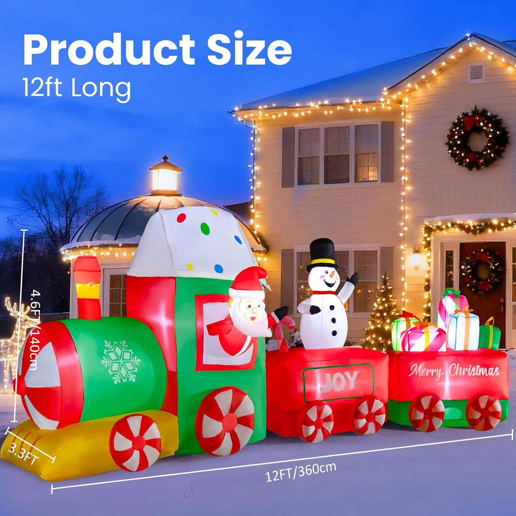 12ft Christmas Inflatables Train with Santa Claus, Christmas Blow Up Yard Decorations with Built-in LED, Christmas