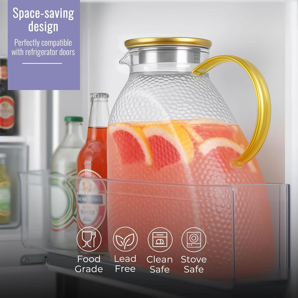Glass Pitcher With Lid and Spout, 1.8 Liter 60 oz Glass Pitchers With Handle And Lid, Jug Water Pitchers For Fridge
