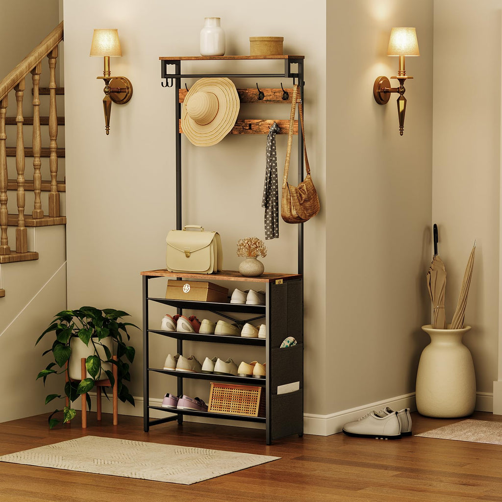 Hall Tree with Bench, Entryway Coat Rack with Shoe Rack, Shoe and Coat Rack, 5 Tier Shoe Storage Organizer with