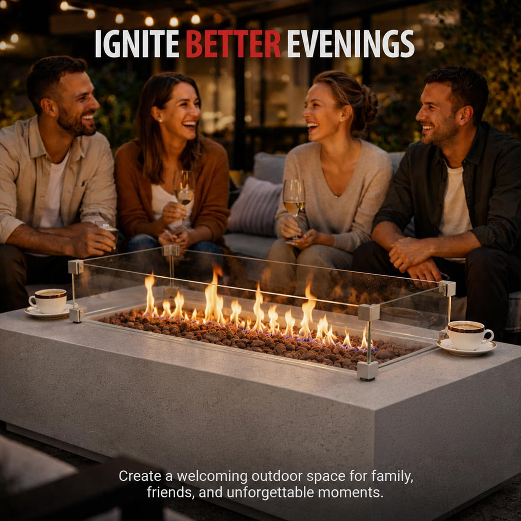 AMS 60" Rectangular Concrete GFRC Propane Gas Fire Pit Table (Light Gray) | (Madison) Limestone Texture Fire Pit