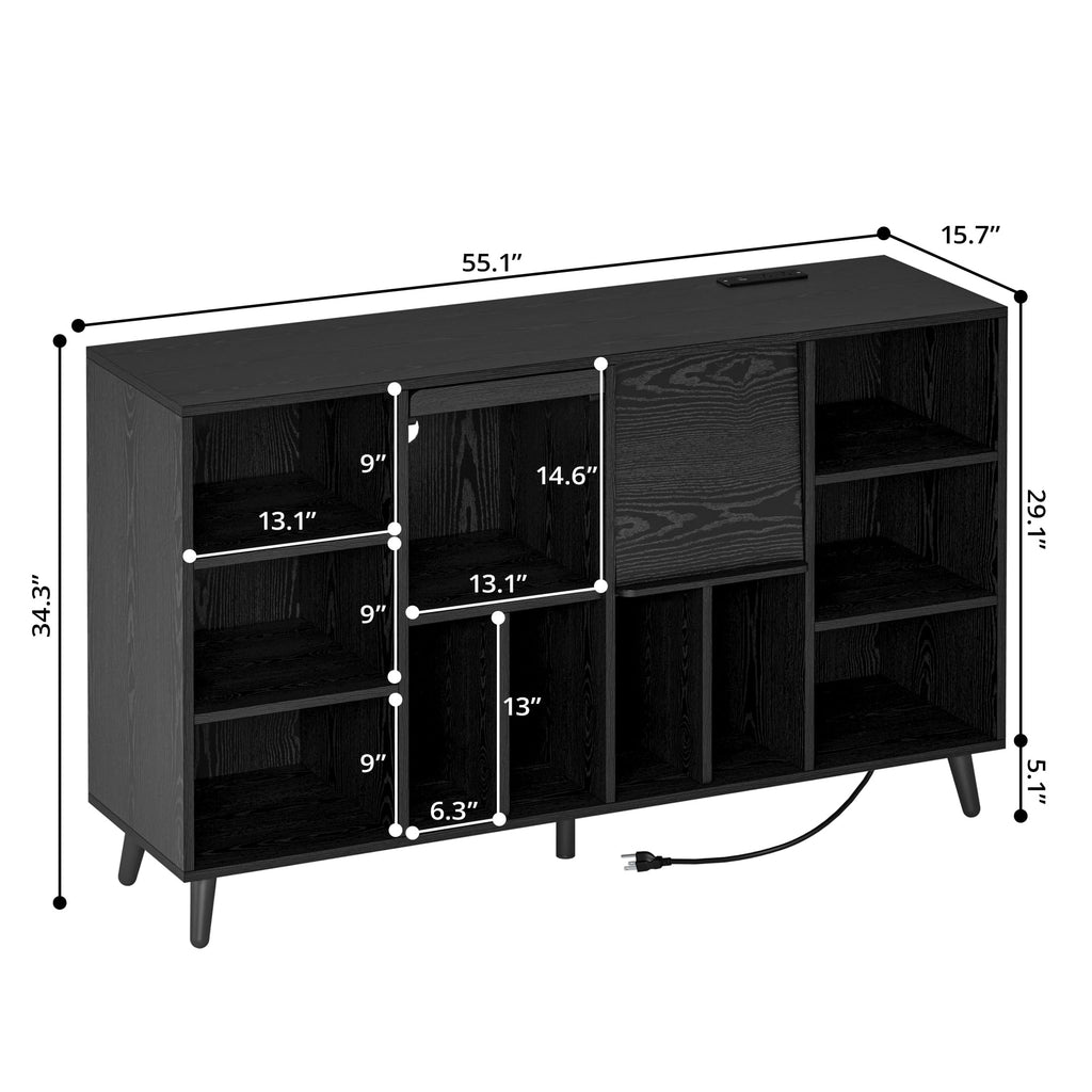 Record Player Stand with Charging Station, 55" Holds 450+ Albums