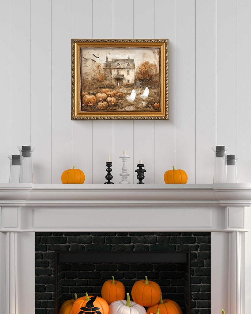 Retro Detachable Gold Framed Wall Art Decor Halloween Pumpkins with Cute Ghost Farmhouse Gold Framed Wall Decor