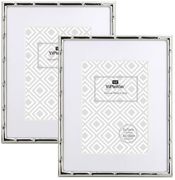 8x10'' Bamboo Detail Designs Silver Metal Picture Frame with Mat for 5x7'' Set of 2, Narrow Silver Plated Photo Frames