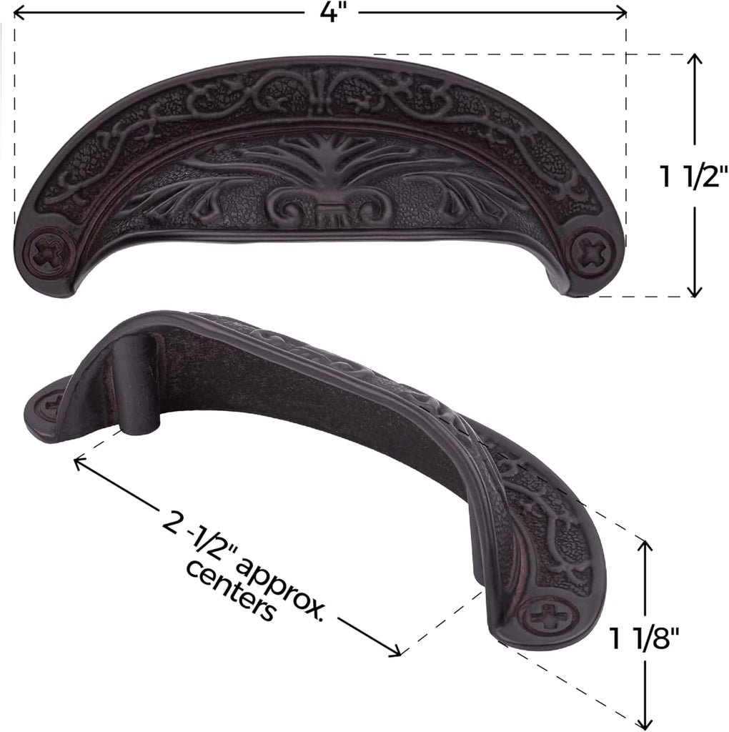 Oil Rubbed Bronze Baroque Scroll Work Cup Pull - Centers: 2 1/2" - Antique Cabinet, Vintage Cupboard, Old Desk