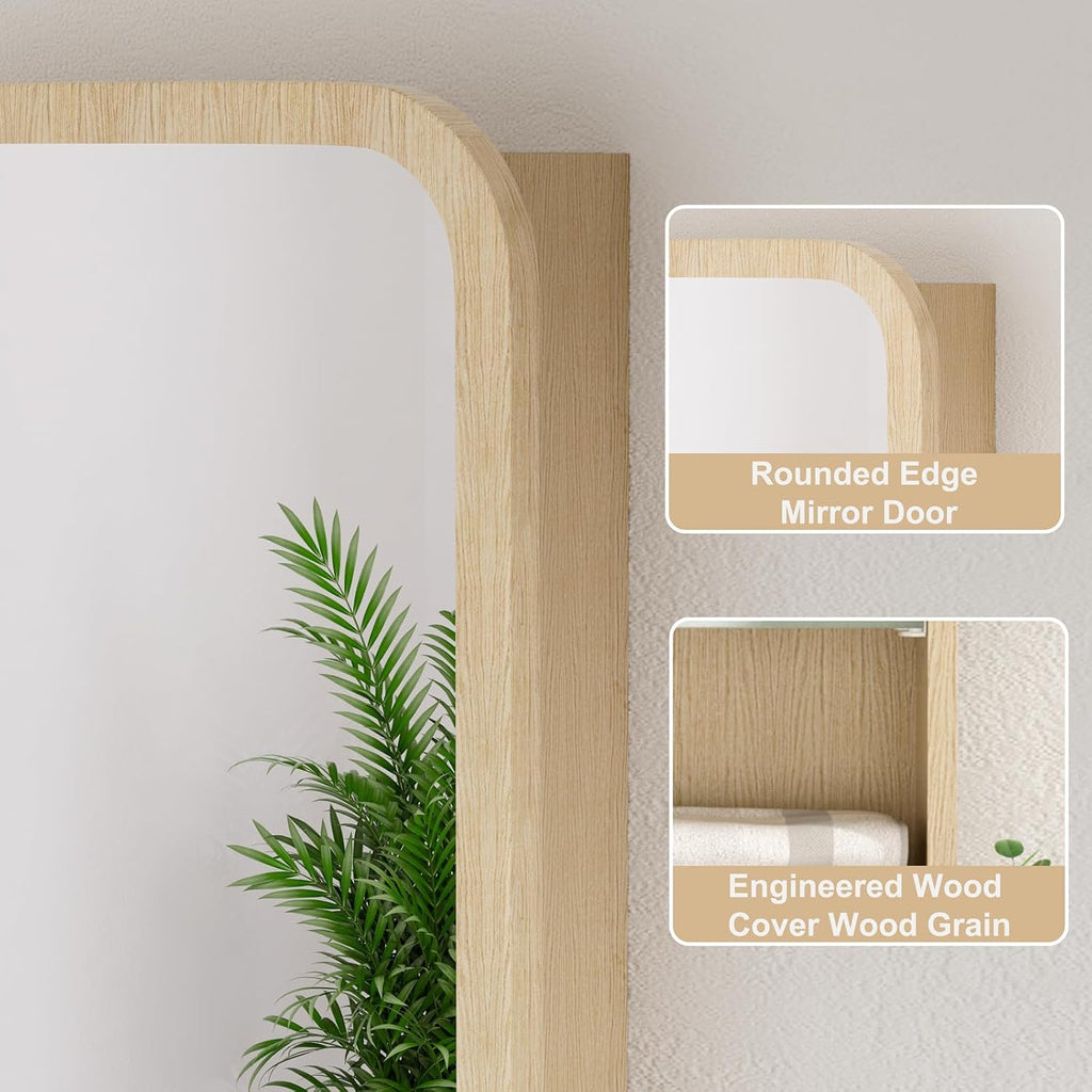 20x28 Inch Wood Medicine Cabinet with Mirror , Oak | Fully Assembled, Surface or Recessed Mount Mirror Cabinet