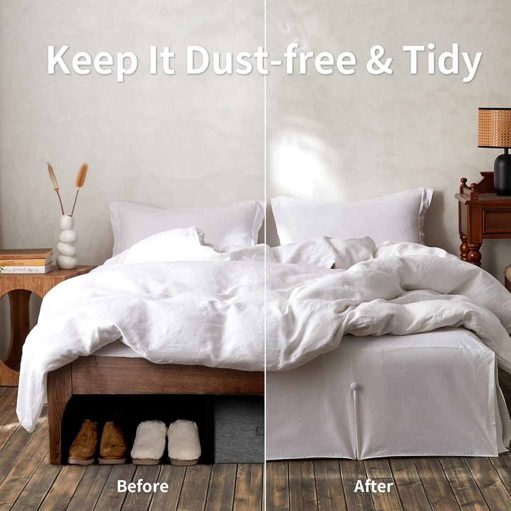 French Linen Bed Skirt Split Corner with Button 18-Inch Tailored Drop Natural Flax Cotton Blend Basic Dust Ruffle