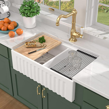 33x20 White Farm Sink Workstation, Double Bowl Reversible Fireclay Apron Front Farmhouse Sink Ceramic Porcelain