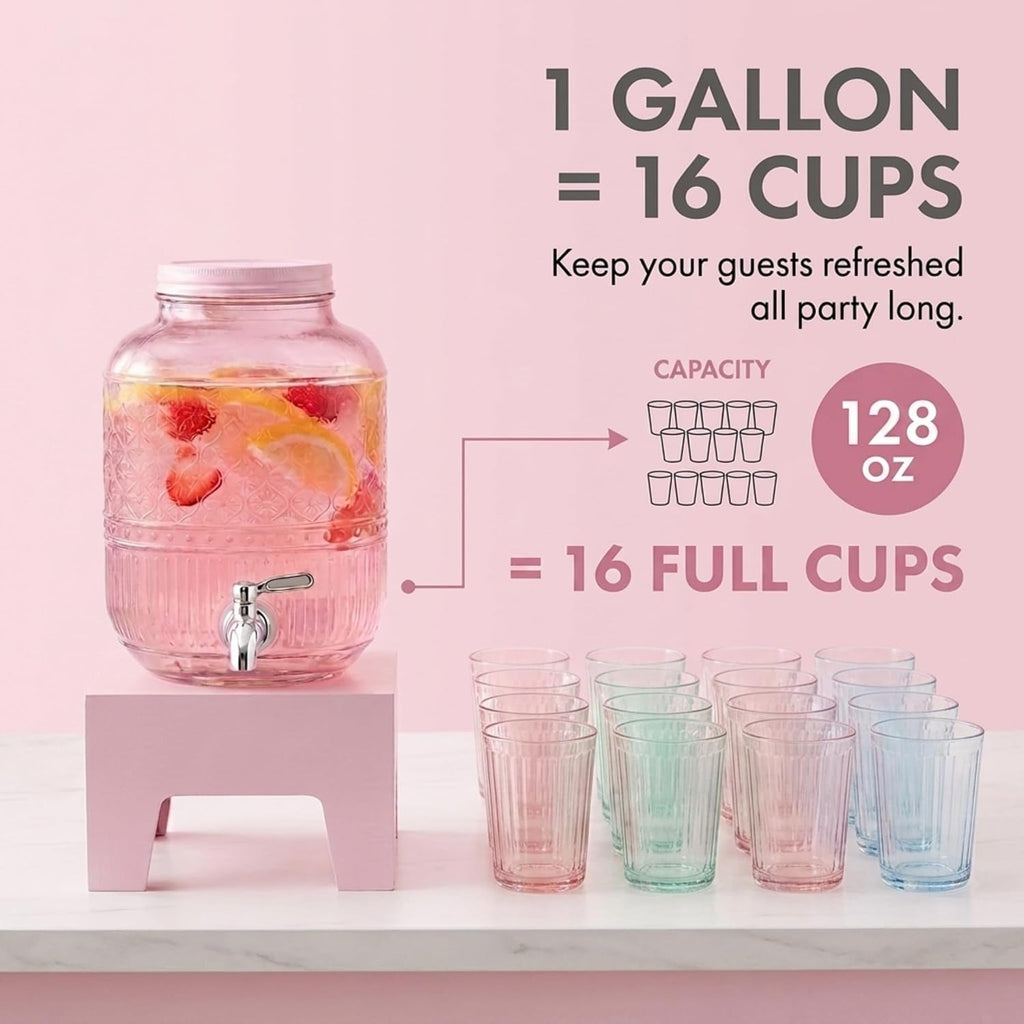Beverage Dispenser 1 Gallon (16 Cups), Drink Dispenser, Wooden Stand, Pink