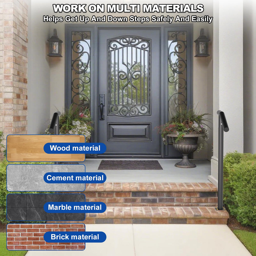 1-2 Step Single Post Handrail-Outdoor Stair Rail- Single Post Wrought Iron Handrail with DIY Tool Kit, 38" H Black