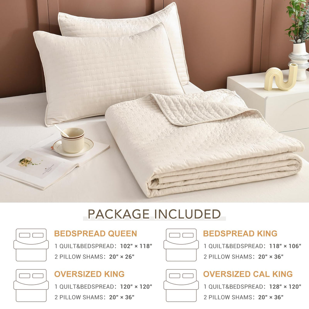 Oversized King Size Bedspread 128x120, 3pcs Extra Large Lightweight Summer Quilt Coverlet King Size, Wheat Cal King