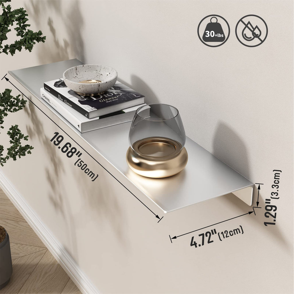 20 inch Floating Shelf for Wall Organizer & Storage, Display Shelf, Metal Wall Shelf (Silver)