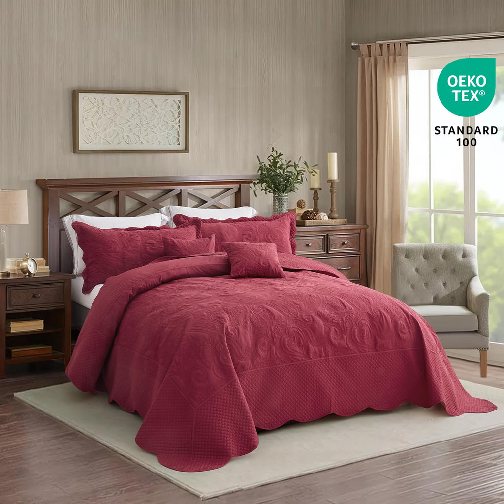 Oversized Alaskan King Bedspreads 138x122, Paisley, Wine Red