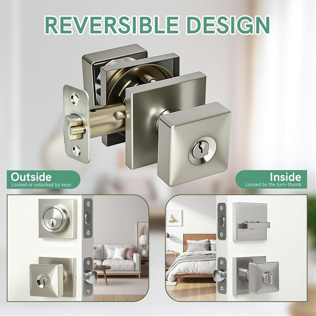 Satin Nickel Deadbolt and Door Knob Set - Square Exterior Door Knob with Deadbolt, Heavy Duty Keyed Alike for Front