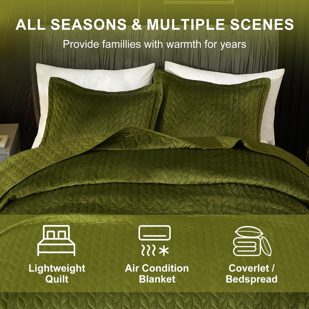 Velvet Quilt, Green Lightweight Bedspread Soft Reversible Coverlet for All Season 3Pcs Luxury Velvet