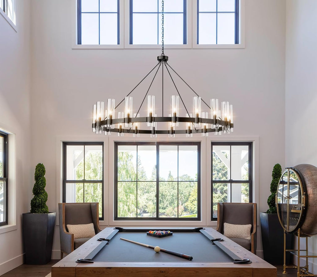 Inspired Ravelle Style 60 Inch Black Wagon Wheel Chandelier with Glass Shade, 20 Lights, Modern Farmhouse Style, Ideal for Dining Room, Kitchen, Entryways