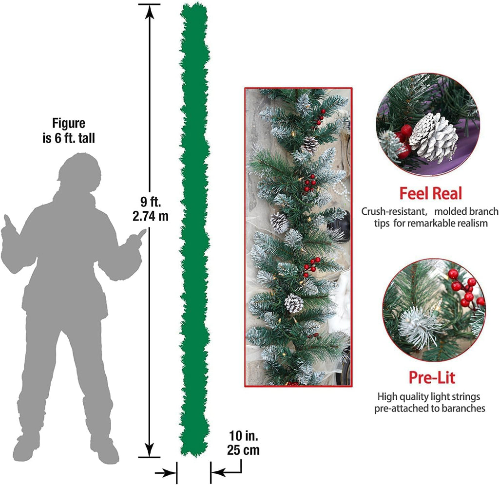 Pre-Lit Artificial Christmas Garland, Snowflake Garland, 50 Warm White Lights, Decorated with Pine Cones and Berry