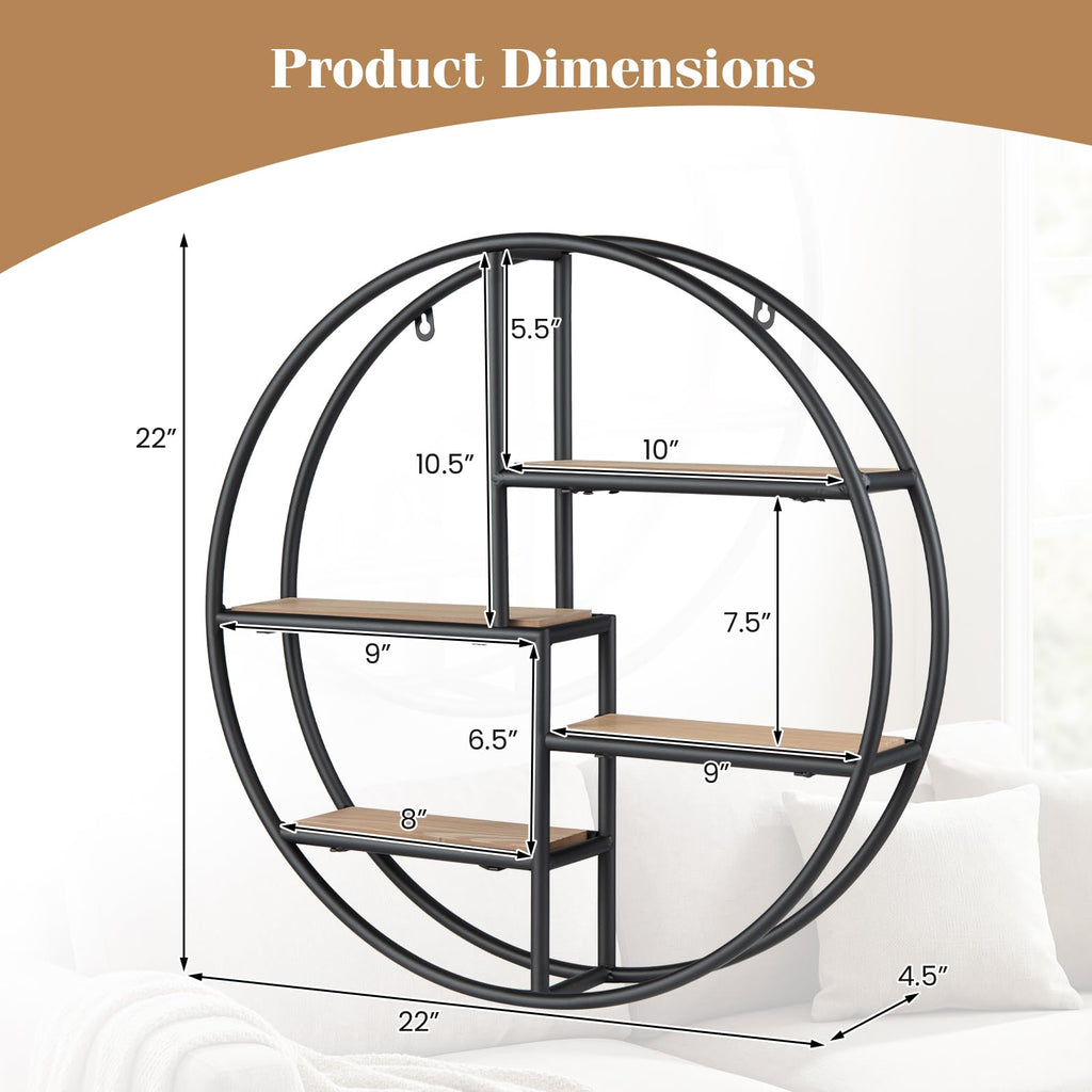 Industrial Style Round Wall Shelf with 4-Tier Storage Shelves