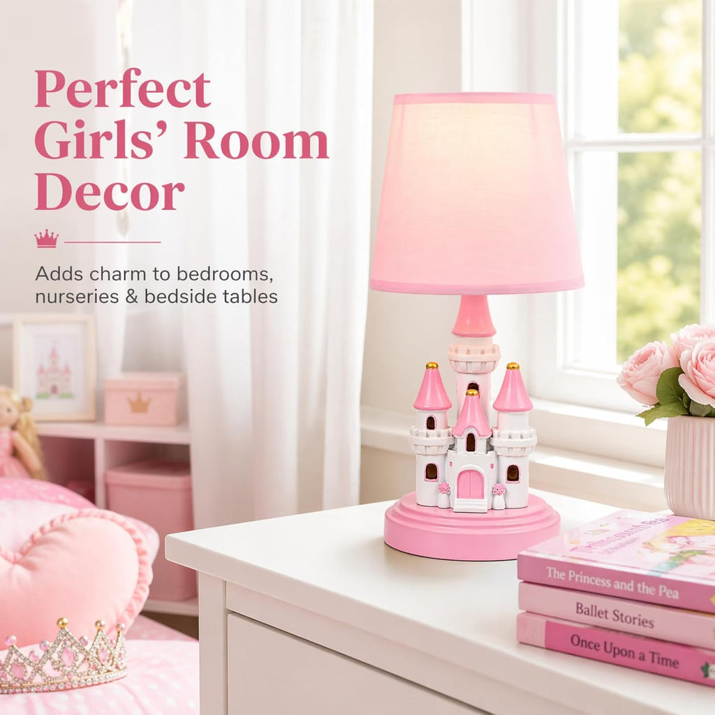 Kids Table Lamp, Adorable 14 Inch Castle Style Kids Desk Lamp, Pink Bedside Lamp Ideal for Girls Bedroom Decor
