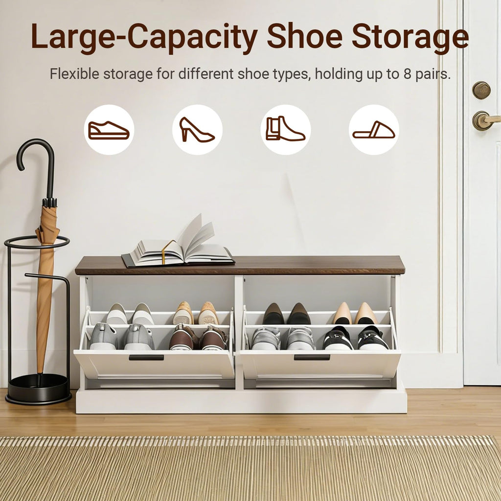 Narrow Shoe Bench with Flip Drawers