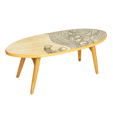 Coastal Decorative Surfboard Coffee Table, Wave Design Overlaid On Natural Wood
