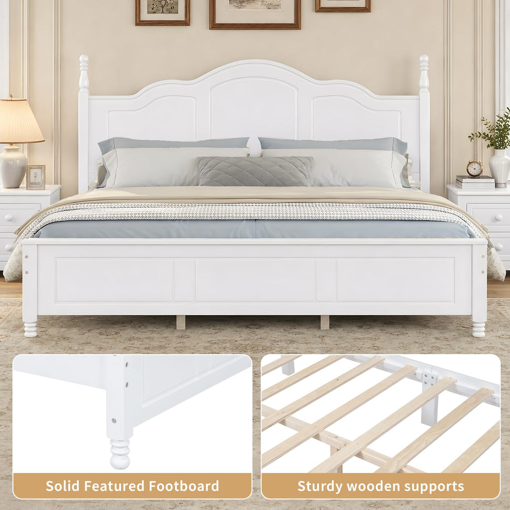 White Wood Bed Frame Full Size with Wave Shaped Gothic Headboard