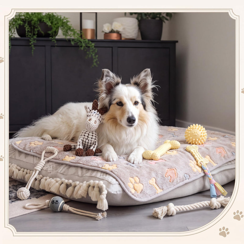 17 Pcs Puppy Gift Set, Dog Toy & Essentials Bundle, Beige, Sheep