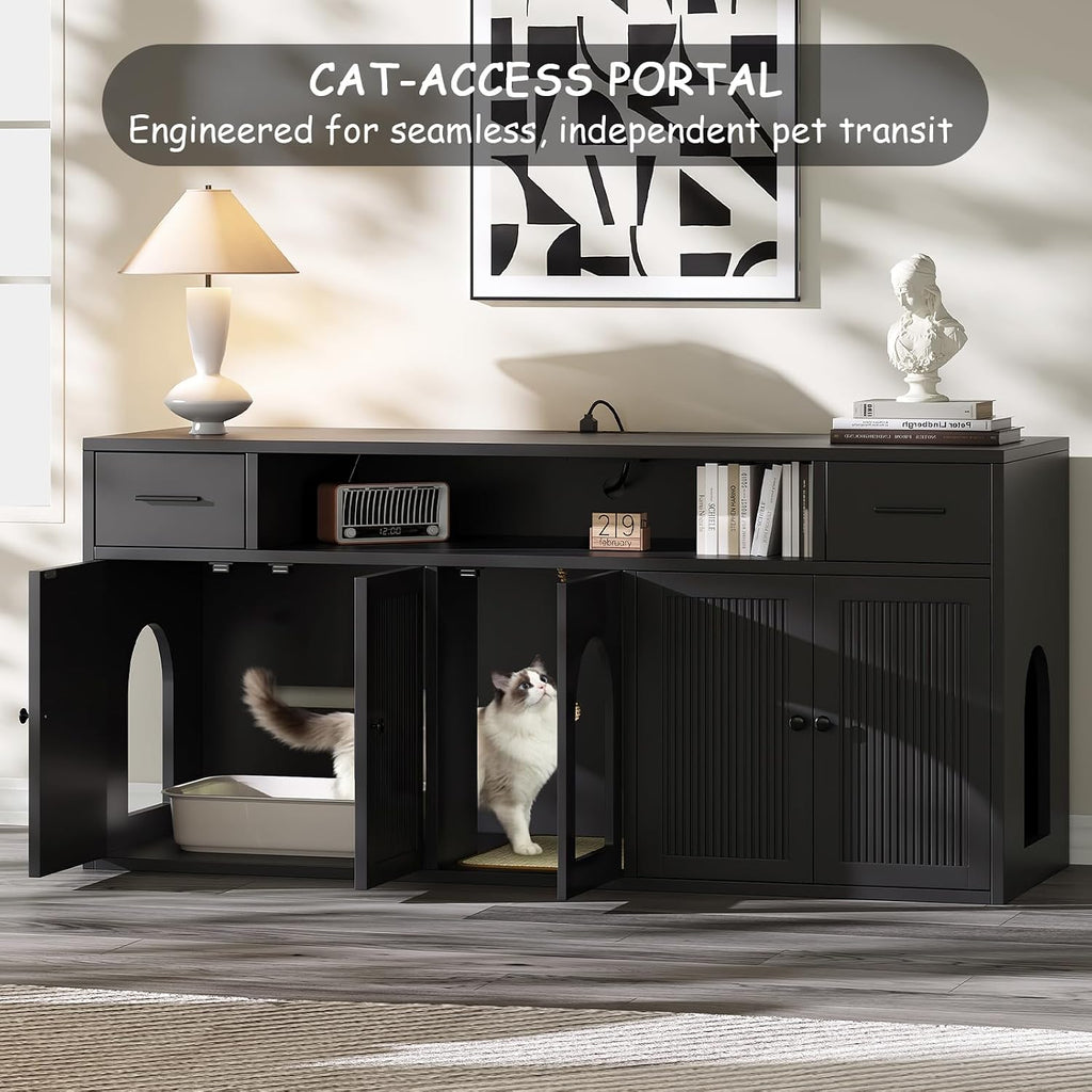 Cat Litter Box Enclosure, Litter Box Furniture for 2 Cats, Litter Box Enclosure with Socket (Black)