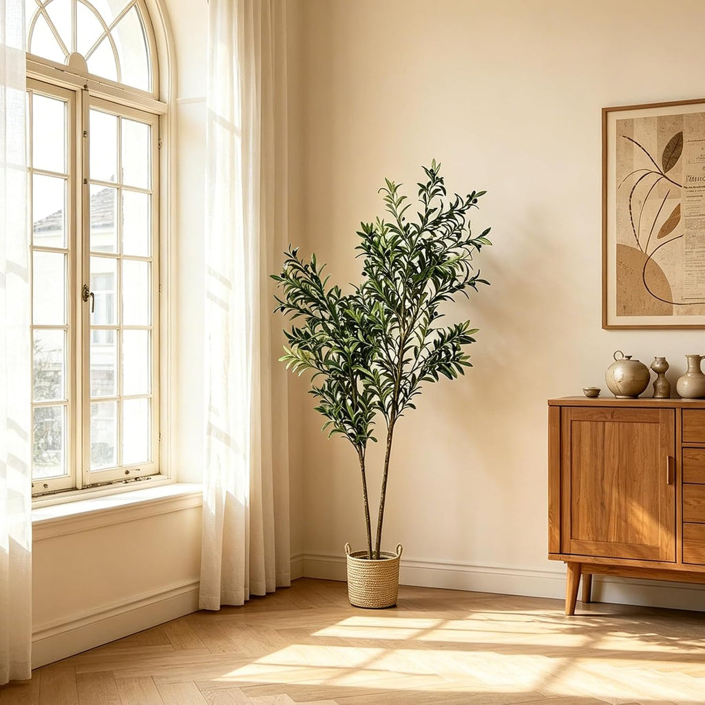 6FT Artificial Olive Tree Indoor, Lifelike Faux Tree with Cotton Basket