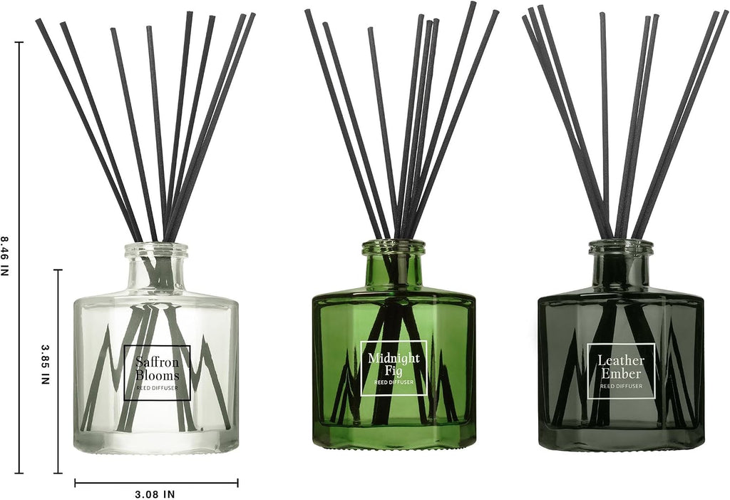 Reed Diffuser Set, Three 6 fl oz Glass Filled Diffuser, Highly Concentrated Fragrances with Essential Oils, Home