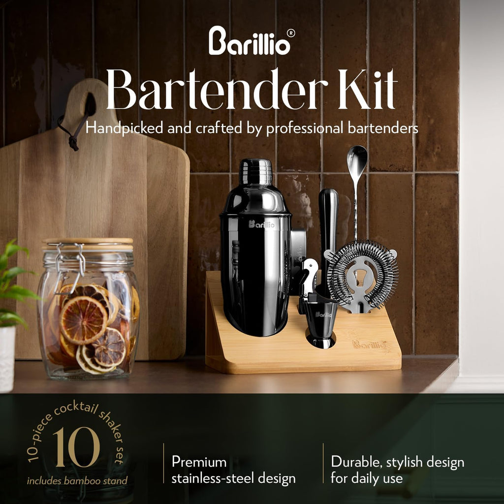 Black Bartender Kit - Stainless-Steel Cocktail Shaker Set w/Bamboo Stand - Mixology Bar Tools w/Shaker, Drink Mixer - Set of 7