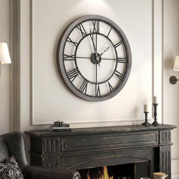 30 Inch Large Wall Clock Rustic Industrial Wood Frame Roman Numeral