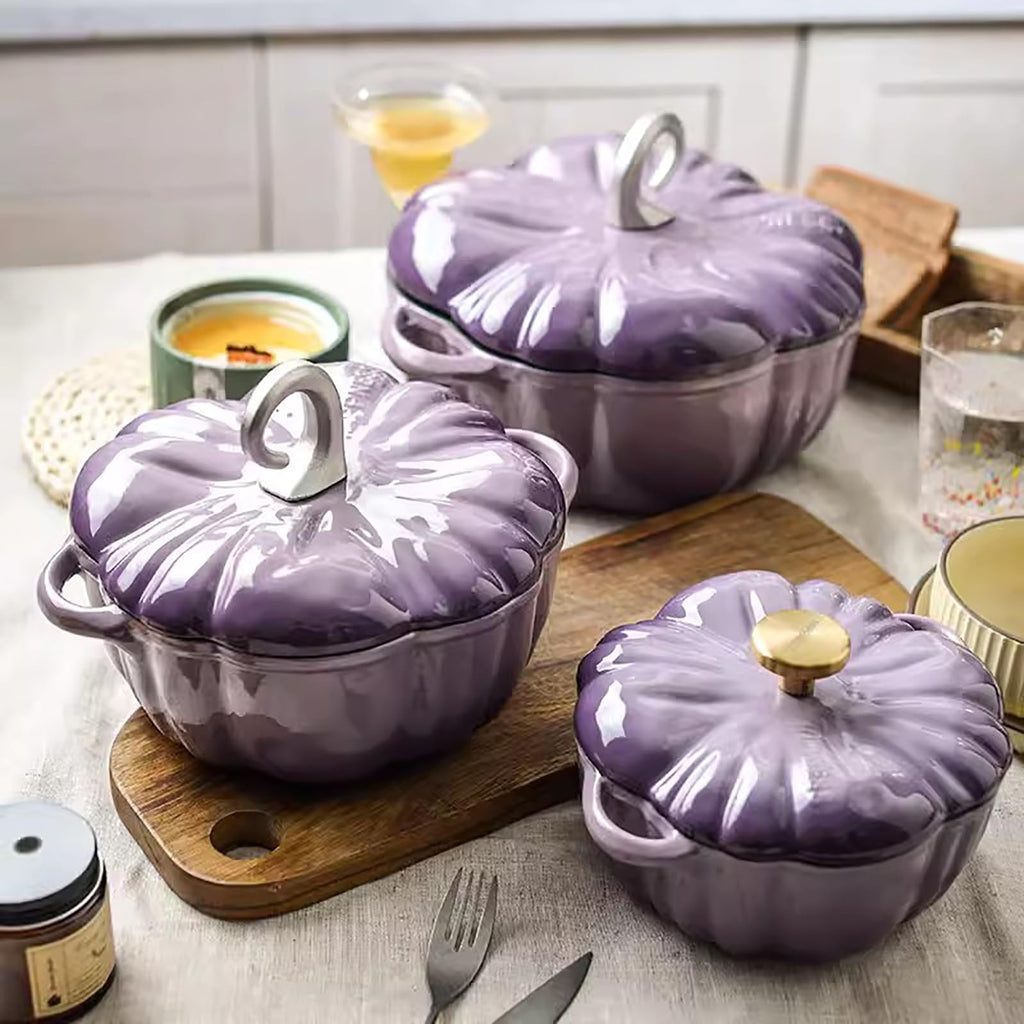 Pumpkin Dutch Oven Pot, Cast Iron, Purple, 3.9 Quart, Pumpkin Shape