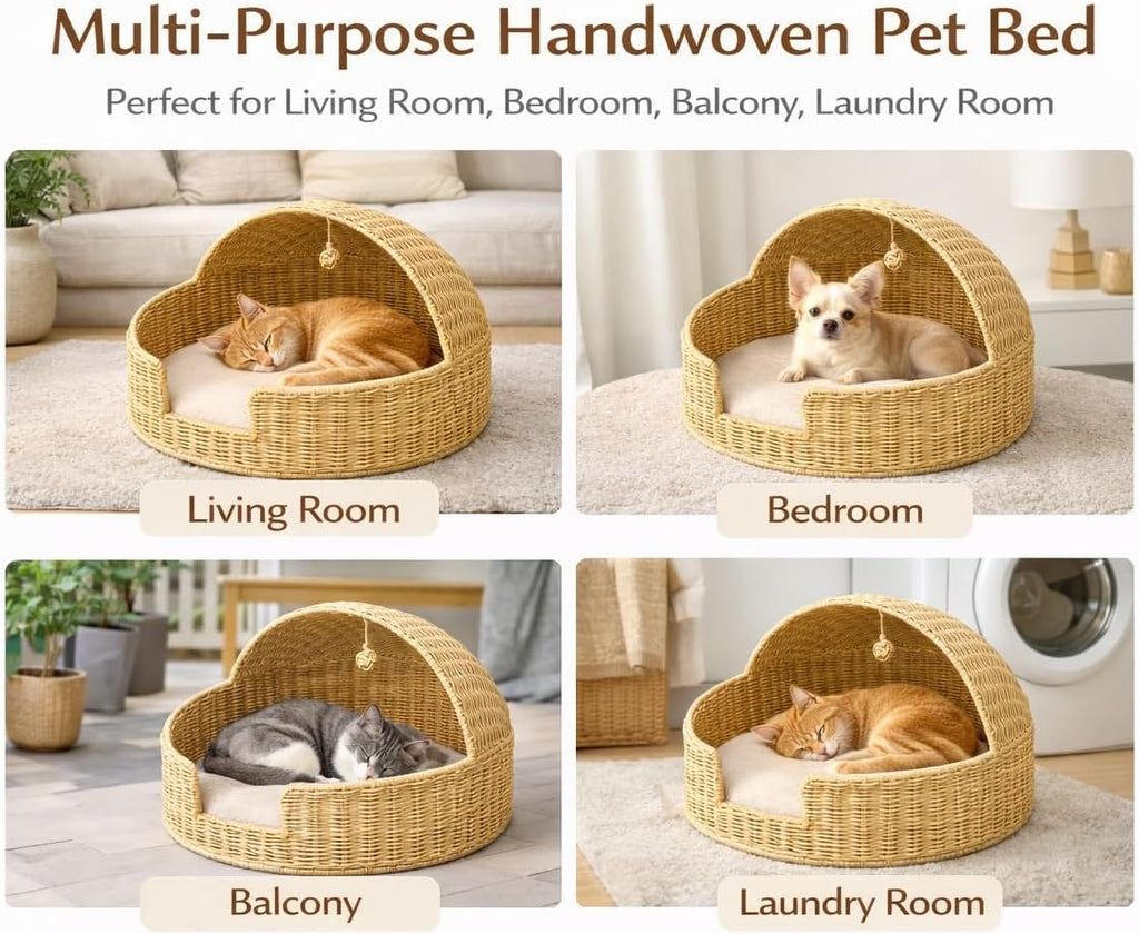 Handwoven PP Rattan Dog & Cat Bed with Canopy, Breathable Wicker Pet Sofa with Soft Sponge Cushion, Natural Rope