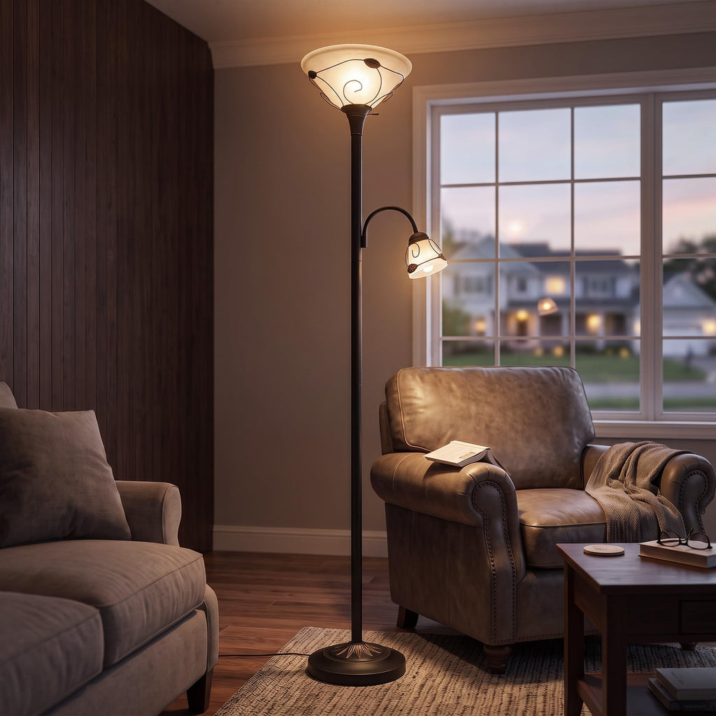 Torchiere Floor Lamp Tiffany Style w/ Side Reading Light, 3-Way Switch Combo Antique Bronze Mother Daughter Floor