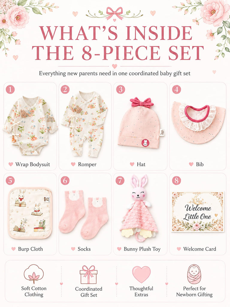 Newborn Baby Girl Gift Set, 8-Piece Layette Gift Box