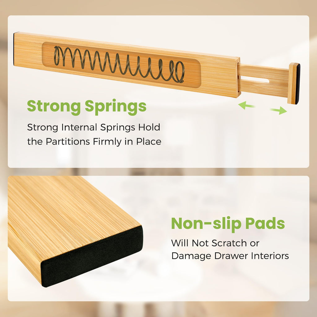 Drawer Organizer, Spring-Loaded Expandable Bamboo Dividers 4-Pack