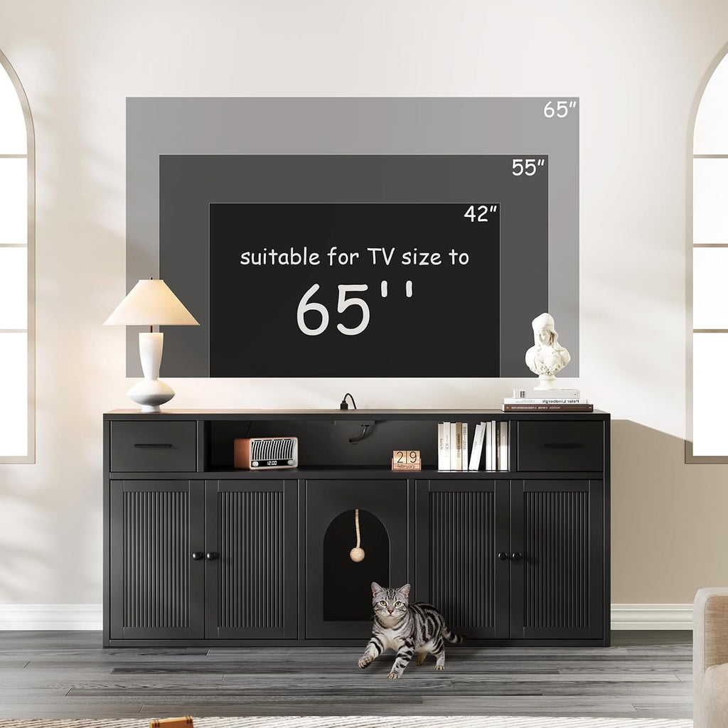 Cat Litter Box Enclosure, Litter Box Furniture for 2 Cats, Litter Box Enclosure with Socket (Black)