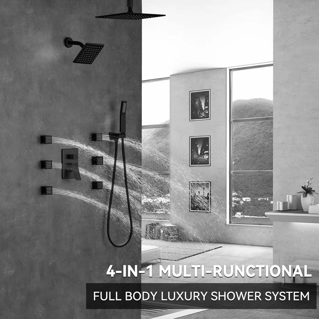 Shower System Matte Black Dual Shower Head with Body Jets, Four Modes Shower Faucet Set Ceiling Mount 12" Rain Shower