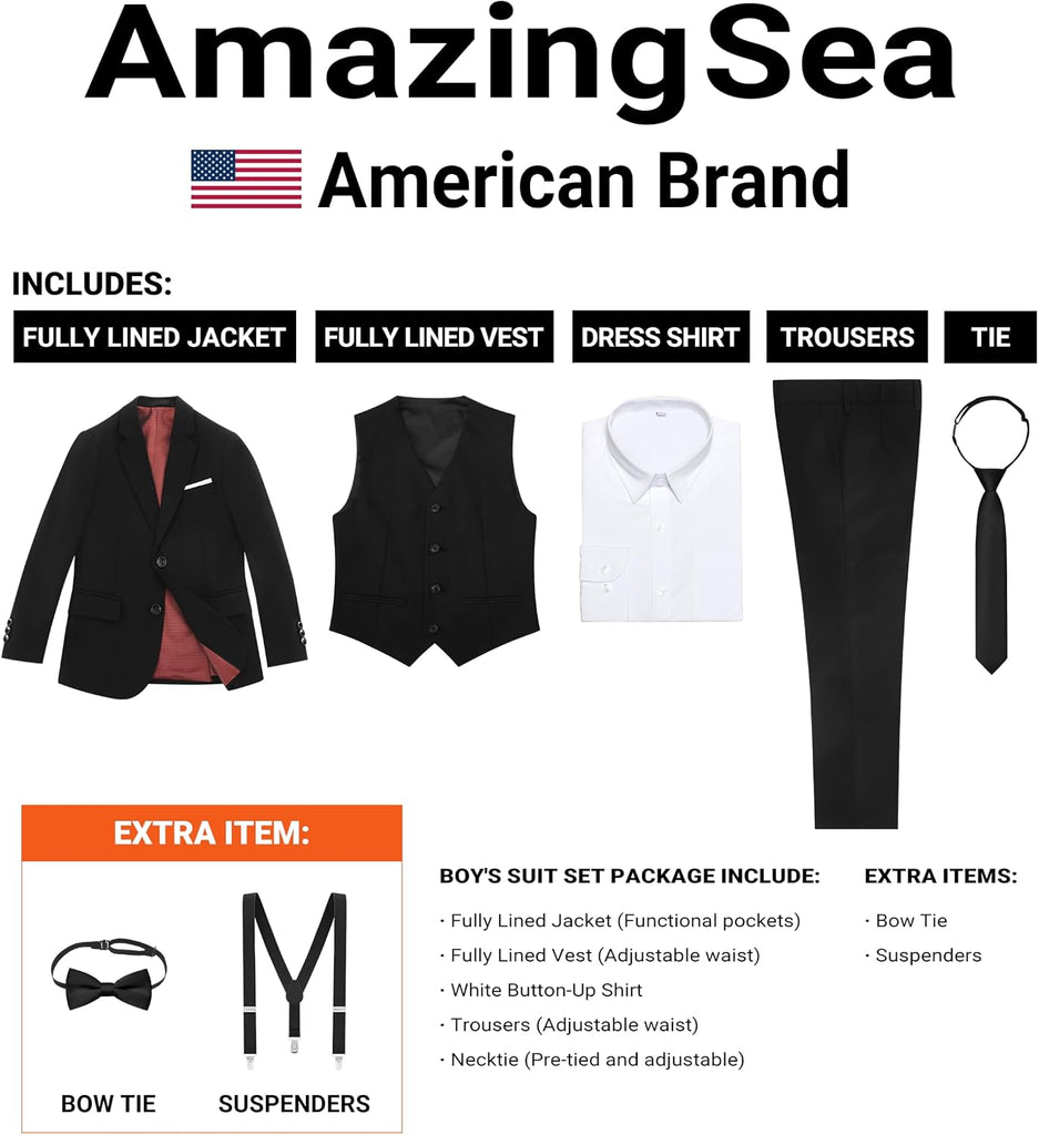 Boys Formal Suit Set, 3 Styling Looks, Adjustable Waist & Suspenders