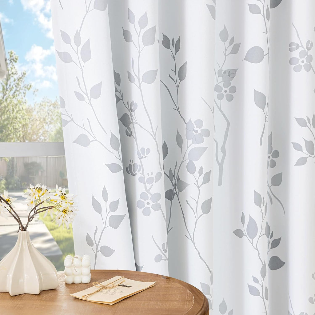 Floral 100% Blackout Curtains 84 Inches Long 2 Panels for Bedroom Living Room Grey White Flower Patterned Room