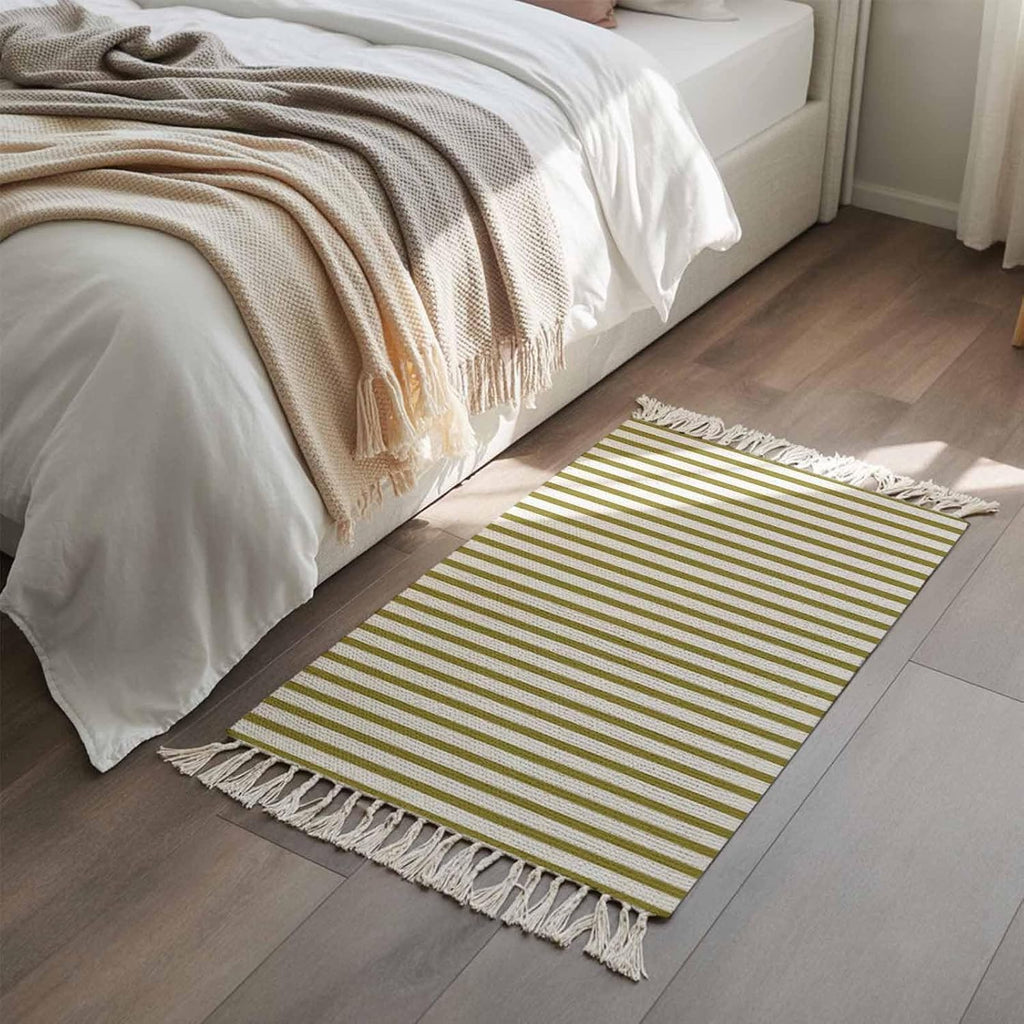 Minimalist Yellow Mustard Striped Runner Rug with Tassel Modern Art Vertical Line Print Entryway Rugs Washable