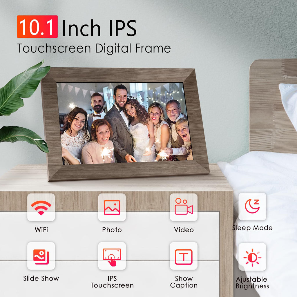WiFi Digital Picture Frame 10.1 Inch, IPS Touch Screen Smart Cloud Digital Photo Frame with 16GB Storage, Wall