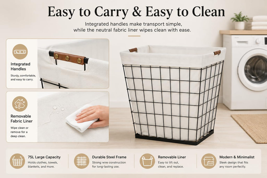 Steel Wire Laundry Hamper with Removable Cotton Blend Liner, 75L Rectangular Laundry Basket Ideal for Laundry