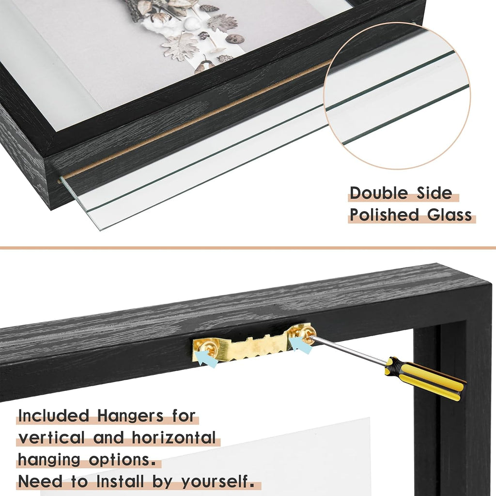 11x14 Floating Frames Set of 2,Double Glass Picture Frame Display Any Size Photo up to 11x14,Wall Mount or Tabletop