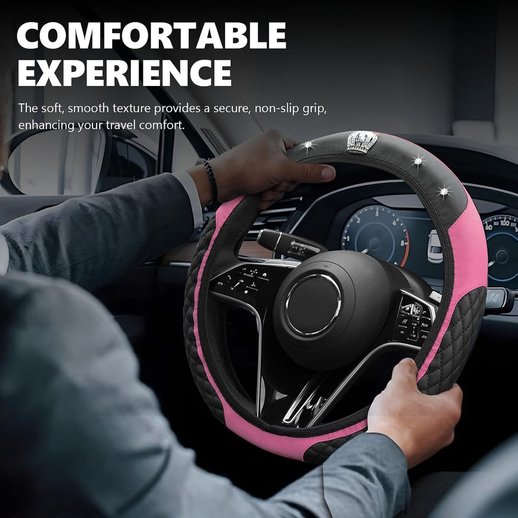 Car Accessories Set, Bling Crown Leather Car Steering Wheel Cover w/Armrest Pad, Seat Belt Cover Pads, Gear - Set of 8